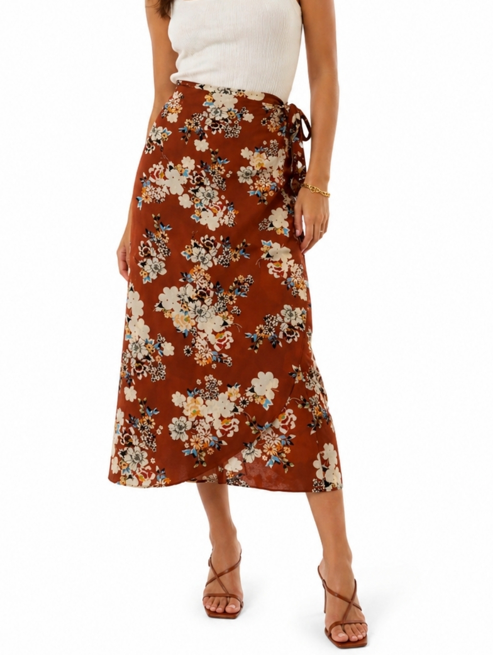 Zara Rust Floral Midi Wrap Skirt with Cream Flowers Medium